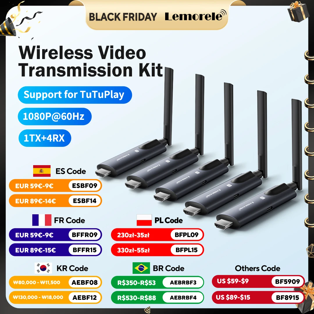 

Lemorele Wireless HDMI Transmitter ＆Receiver APP Monitoring Latency Less than 50ms Plug & Play Transmitter Laptop TV Projector