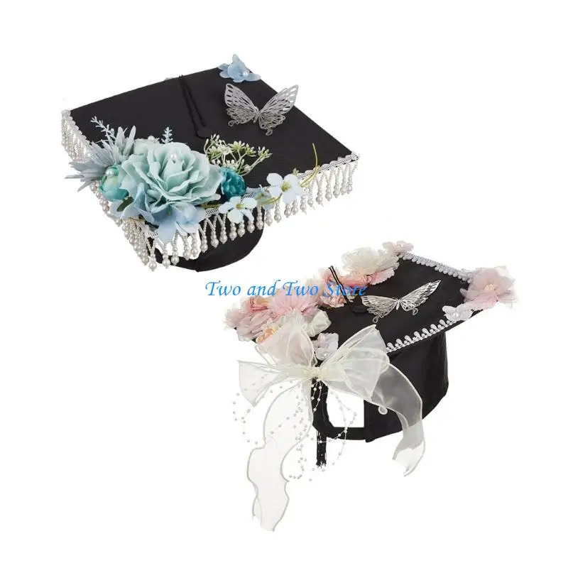 

HX6F Teens Graduation Hat with Realistic Flower for College Graduation Academic Hat