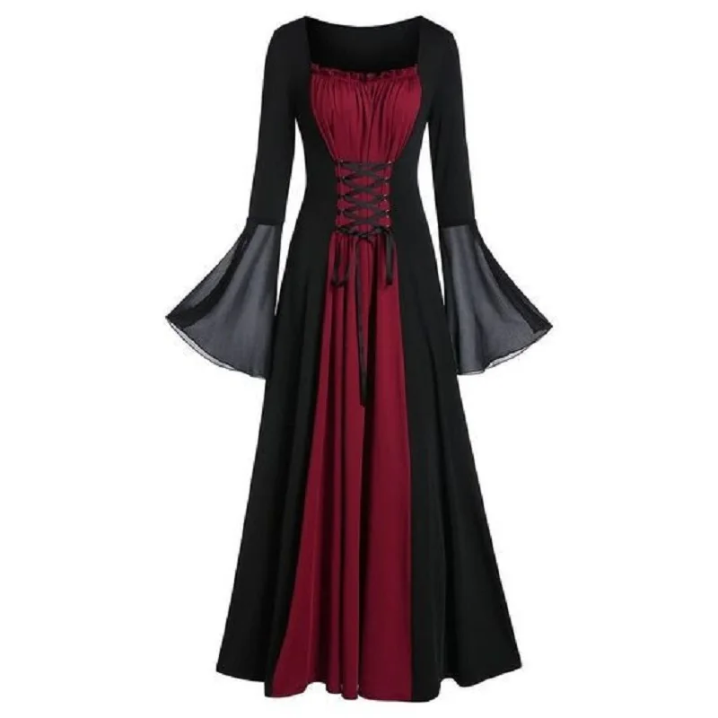 Halloween Cosplay Costume Gothic Vintage Dress Bat Long Sleeve Lace Up Dresses Medieval Ghost Bride Vampire Clothing Vestidos