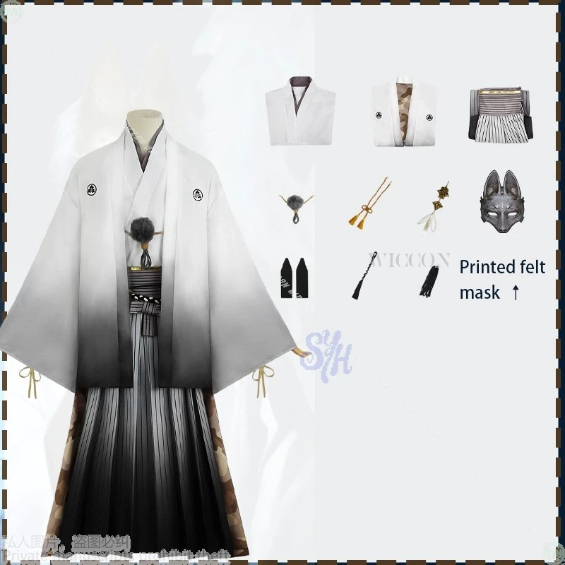 Anime juego de terror F Cosplay Kotoyuki Fox Man Tsuneki disfraz Kimono japonés vestido largo degradado negro máscara 3D pendiente Halloween