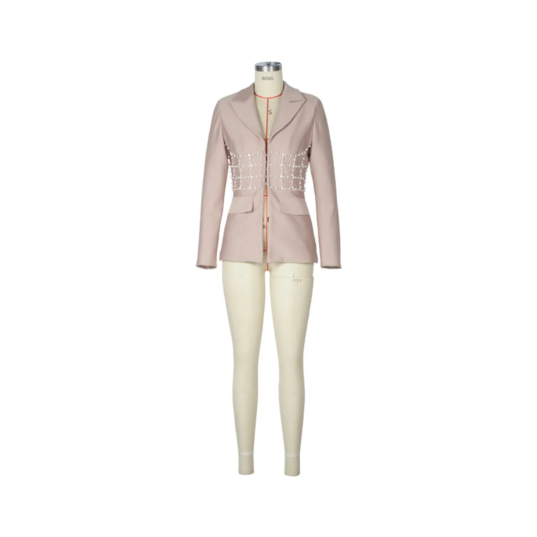 

Fashion Apricot Beaded Blazer Dress V Neck Long Sleeve Suit Jacket for Music Concert Gallery Opening Night Party Outfits