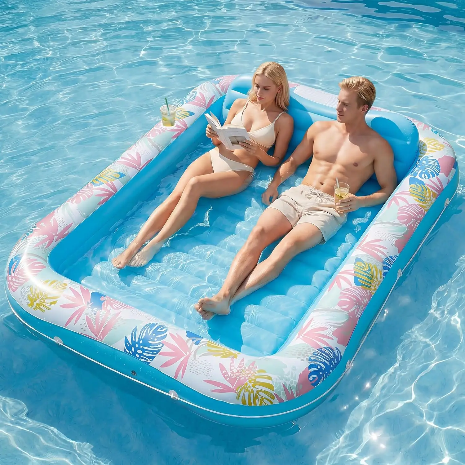 

Tanning Pool Lounger Float, 87" x 63" Pool Floats Adult with Headrest & Drink Holder, Blow-Up Bed Sun Tan Tub for Sunbathi