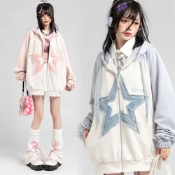 Hip Hop Fashion Star Graphic Sweatshirts Flocking Embroidery Hooded Hoodie Women's Autumn Winter Pink Blue Cardigan Sweater Girl