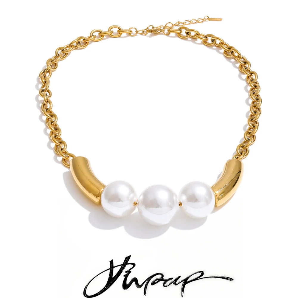 Collier ras du cou Yhpup 2026 en acier inoxydable avec perles rondes imitation nacre, chaîne, collier statement, imperméable, attrayant, bijoux