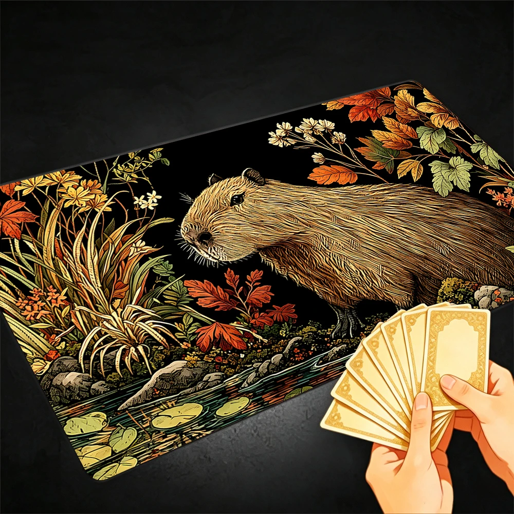 Vintage flowers and capybaras TCG Playmat Magic Playmat Gathering Gaming Mat with Stitched Edge Anti-slip base Trading Card Game