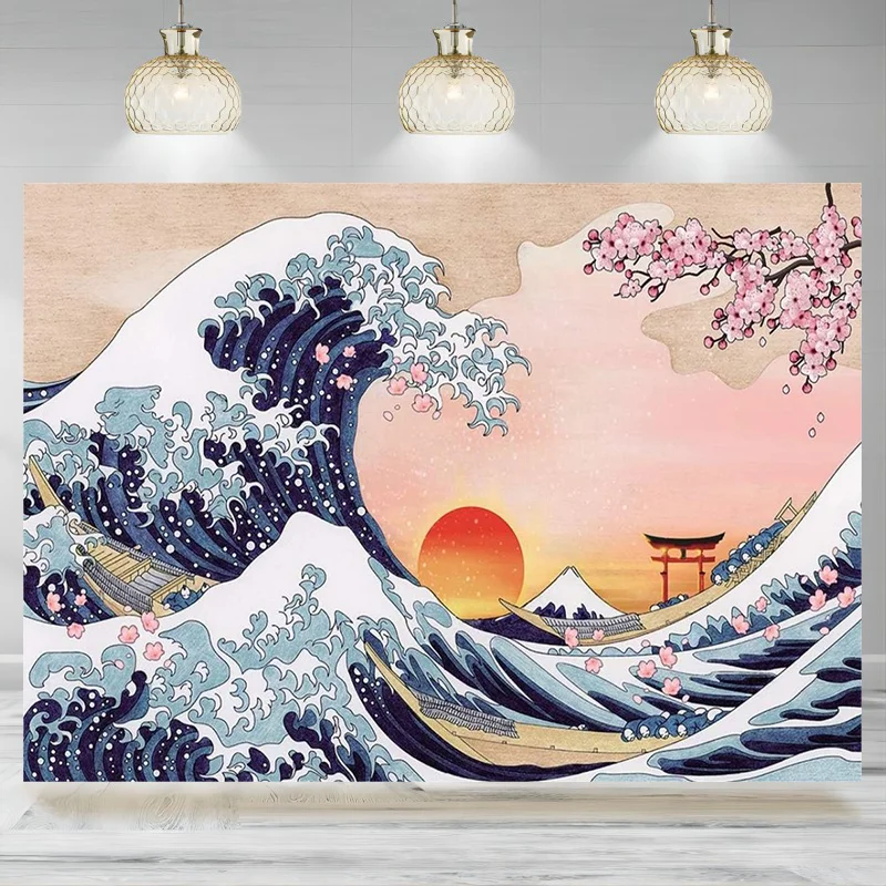 Great Wave Ocean Wave Photo Banner Japanese Kanagawa Backdrop Sunset Cherry Blossom Background Party Decorations Photographic