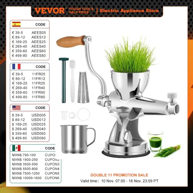 Vevor เครื่องคั้นน้ำต้นอ่อนข้าวสาลีด้วยมือทำจากสเตนเลสสตีลที่คั้นน้ำข้าวสาลีมือเครื่องบดสำหรับขึ้นฉ่ายขิง Apple องุ่น