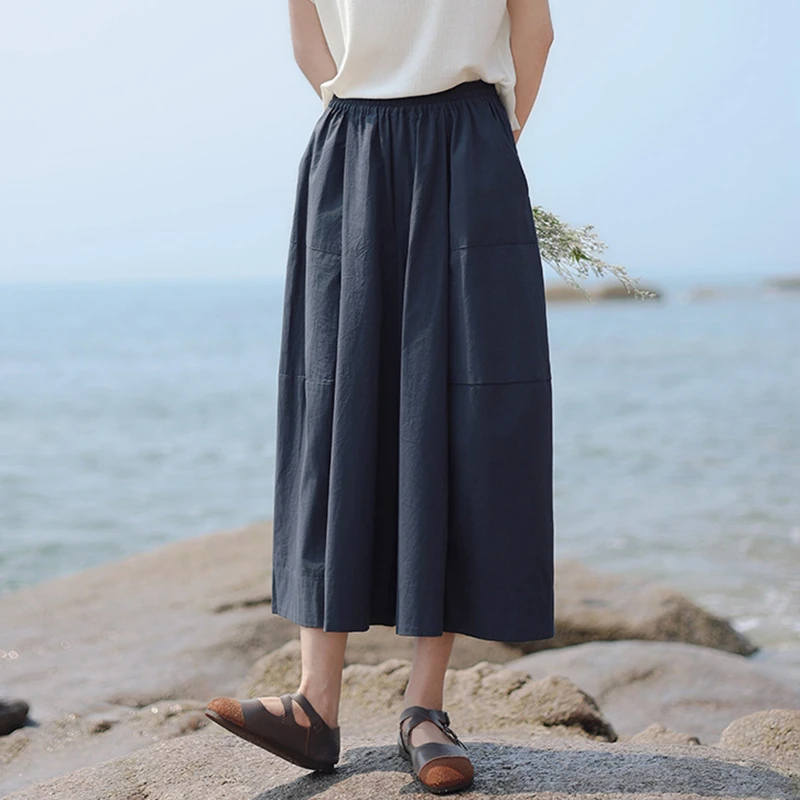 

High Waist Wide Leg Pants Women New Arrival 2025 Summer Simple Style Solid Color Female Cotton Calf-length Casual Pants M1635