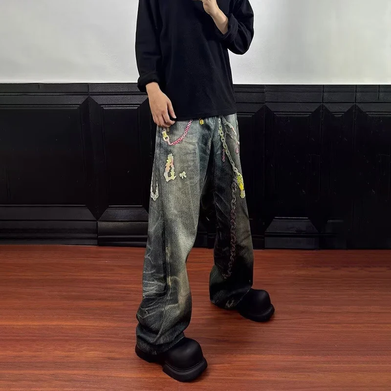 WTHT แฟชั่น 2025 ฤดูร้อนผู้ชาย Spliced CHAIN DO Pld ออกแบบ DENIM กางเกง VINTAGE High Street ตรงกางเกงยีนส์ขากว้างชาย 2A1109