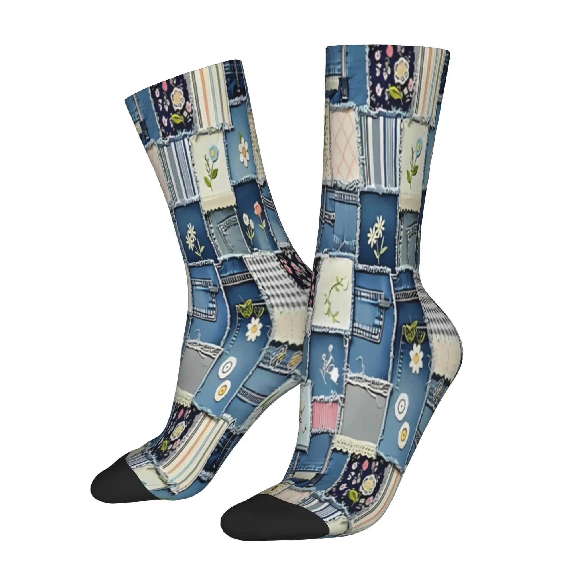 

1 Pair Funny Sock Jeans Fabric Denim Patchwork Bath Mat Harajuku Quality Pattern Printed Men Crew Socks Novelty Men's Socks