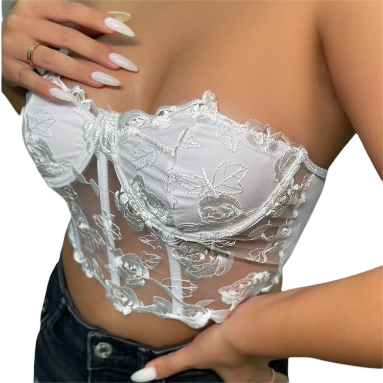 Tube bustier sexy Y2K pour femme, Y-Broderie, Fleur transparente, Précieux initié, 03/Club, ix