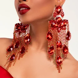 Stonefans Red Tassel Earrings Long Dangle Sparkly Elegant for Women Bohemian Exaggerated Jewelry Luxury Crystal Accessories Gift