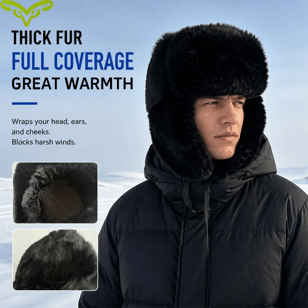 Men Winter Hat Black Furry Lined Ear Protection Windproof Cold Prevention Thickened Thermal Outdoor Cycling Snow Ski Cap