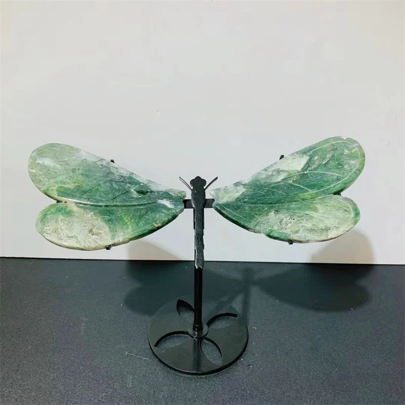 Natural Moss Agate Dragonfly Wings With Stand Energy Gemstone Healing Crystal Stone Home Decoration Gift 1pair