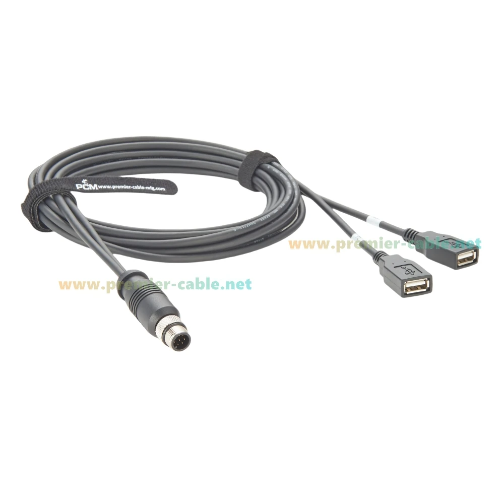 M12 A Code 8-pins mannelijk naar dubbele USB 2.0 vrouwelijk verlengkabel IP67 waterdichte M12 Y-splitterkabel compatibel M12-2USB-300