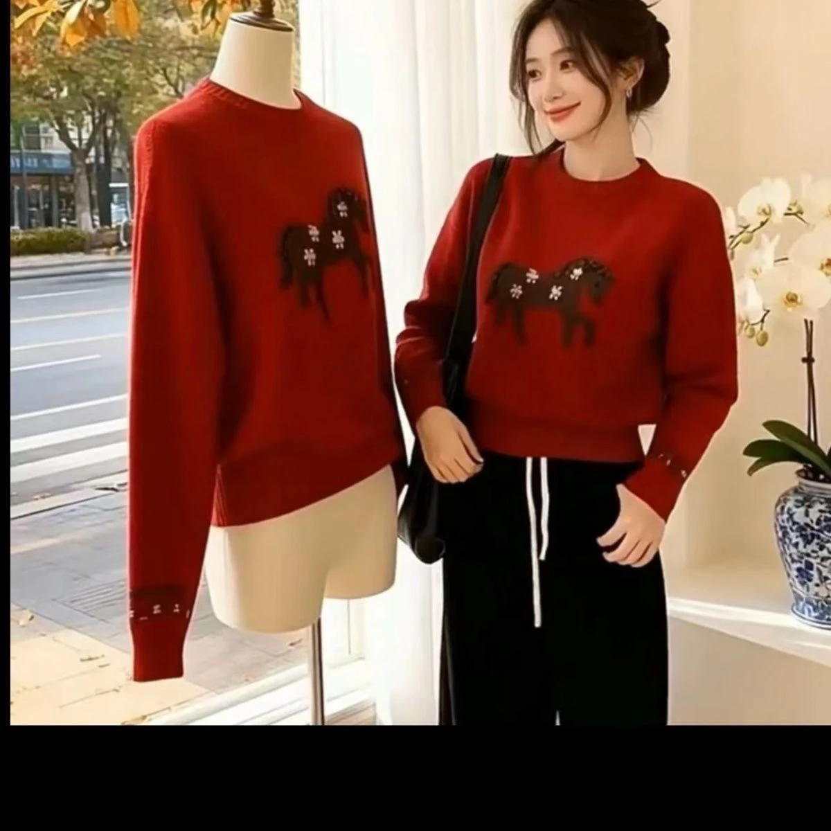 

Red Embroidered Cartoon Knitted Sweater round Ne Pullover Autumn Winter New Sle Cute Doggy Top Women's Faion