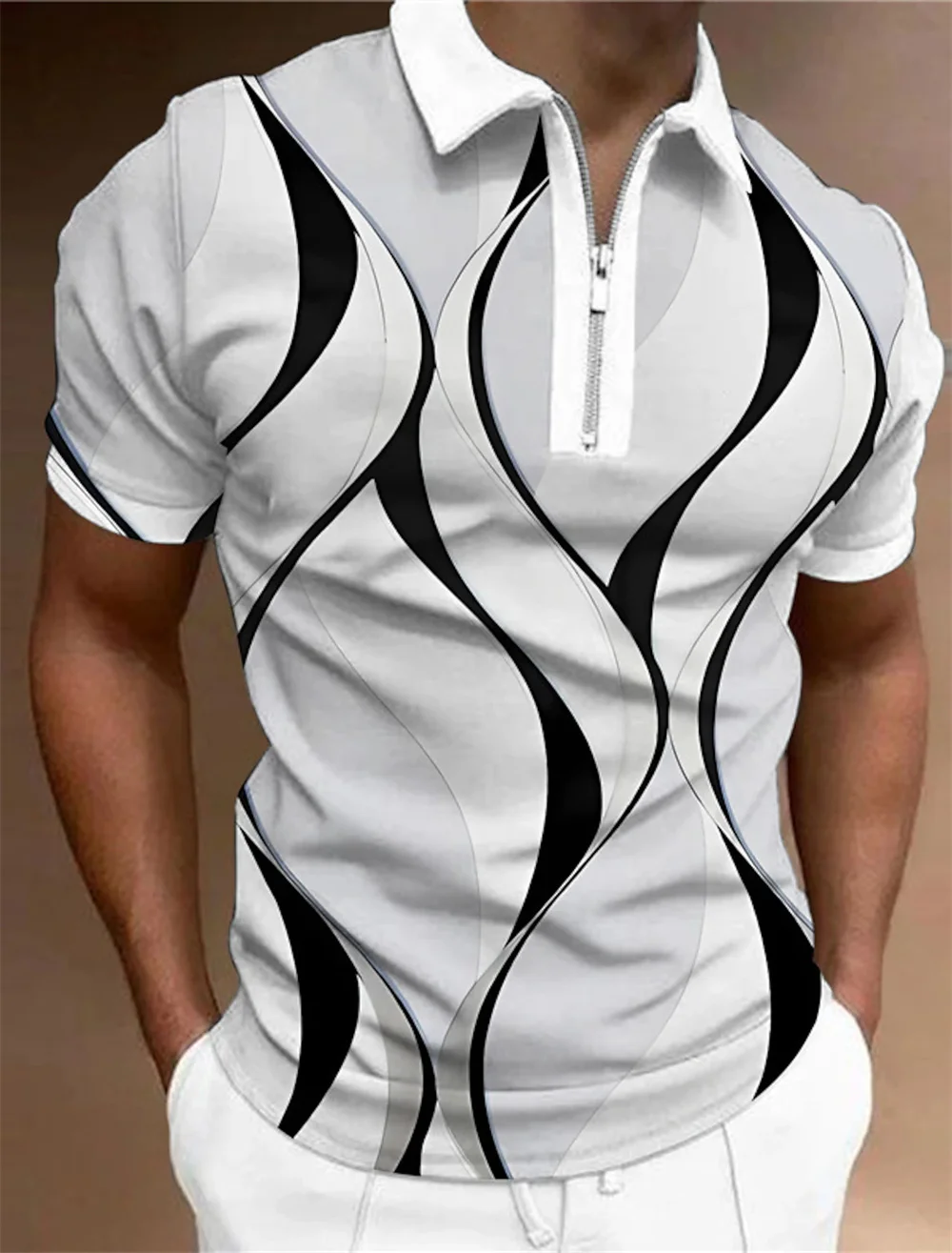 Men'S Zip Polo Lapel Polo Shirt Golf Shirts Graphic Prints Geometry Linear Turndown Short Sleeves Zipper Clothing Tops Designer