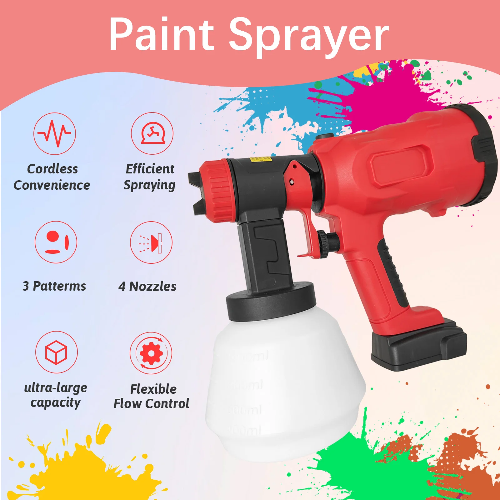 

Choerinton Cordless HVLP Electric Paint Sprayer Compatible with Milwaukee M18 18V Battery 3 Spray Patterns 4 Nozzle Sizes for House Furniture & Cabinet Painting Tool Only