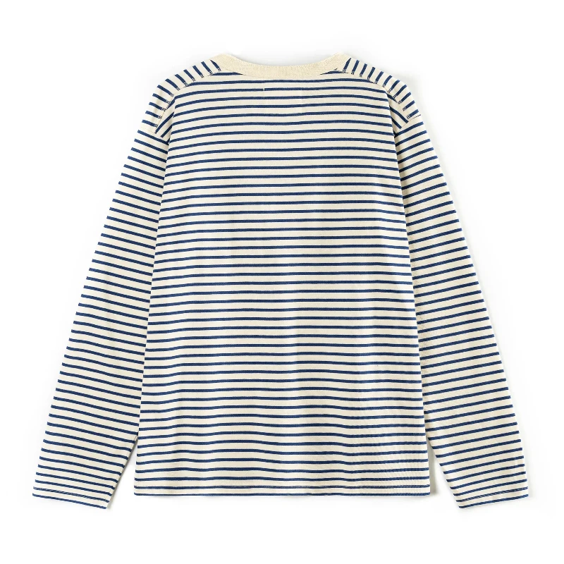 Men Classic American Retro Sea Soul Henley Shirt Heavyweight 100% Cotton Blue White Breton Striped Long Sleeve Casual Tee Tops
