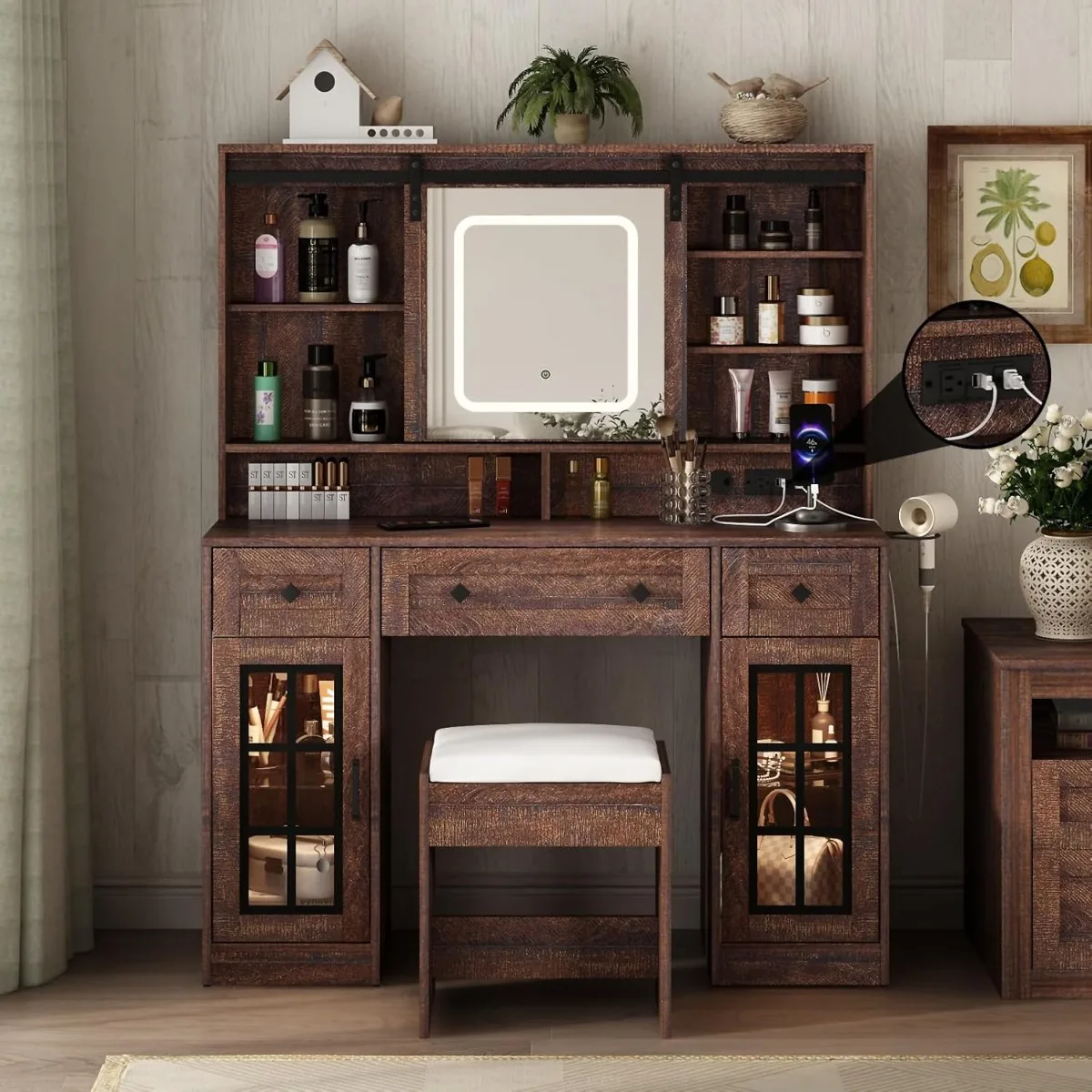 45.5'' Farmhouse Makeup Vanity Desk , Vanity Table with 3 Drawers and 2 Cabinets, Charging Station & LED Lights, Stool Included