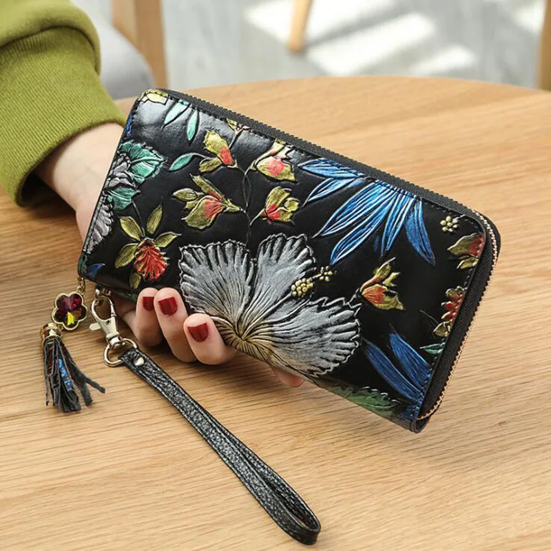 Wallet Woman 2022 Embossed Dragonfly Rose Clutch with Tassel Wristlet Purse Long Genuine Leather Evening Bag Wallets for Women