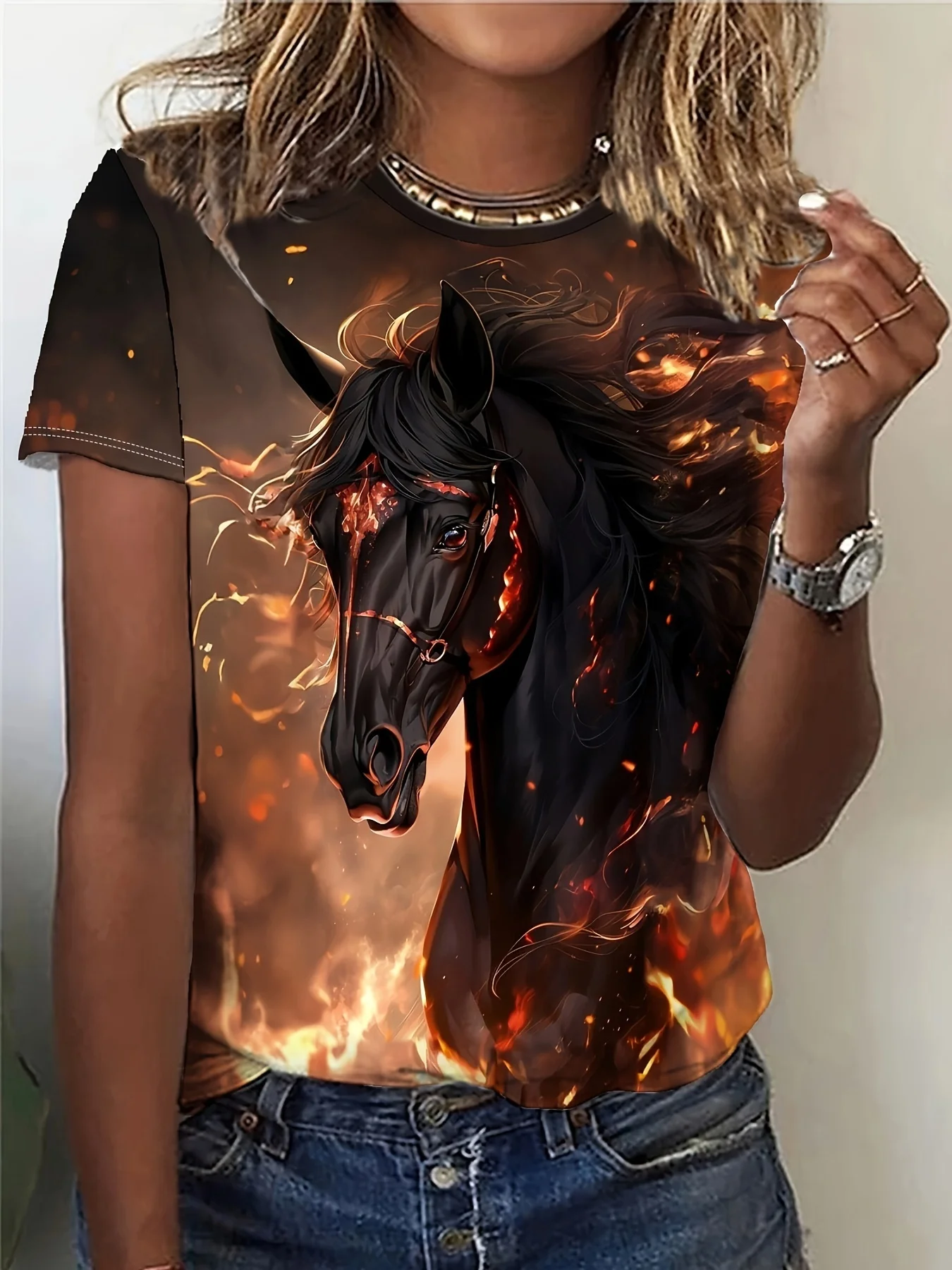 Women's Tee - Fiery Black Horse Graphic, Bold Flame Animal Design for Casual Daily Wear