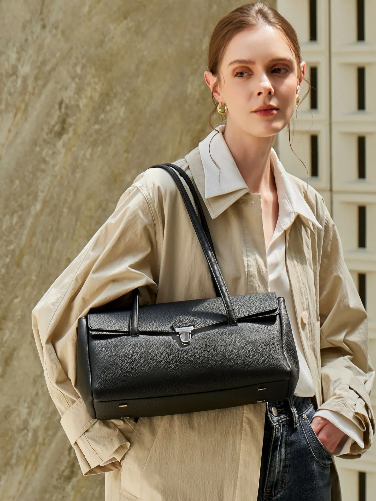 Korean niche large-capacity tote bag, minimalist college style, flap genuine leather messenger shoulder bag for women, minimalis
