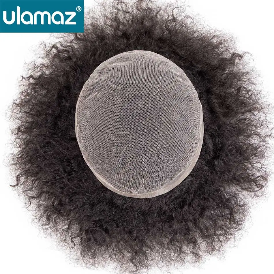 Full Lace Man Pruik Afro Wave Toupee Voor Afrikaanse Mannen Krullend Pruiken Menselijk Haar Mannelijk Haar Prothese 130% Dichtheid Mannen Haar Systeem Unit