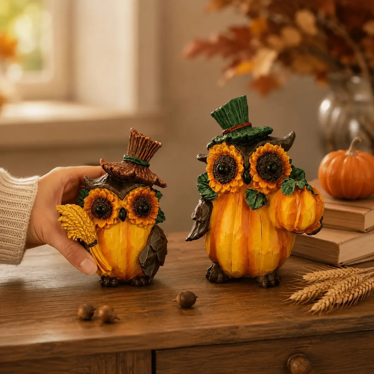 Fall Pumpkin Owl Figurine, Cozy Autumn Home Decor, Thanksgiving Tabletop Ornament, Festive Harvest Gift, Warm Seasonal Decor
