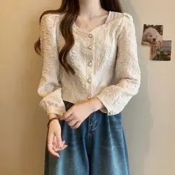 Design in stile francese da donna di grandi dimensioni con Cardigan in pizzo stile delicato per Top a maniche lunghe dimagrante autunnale per donna