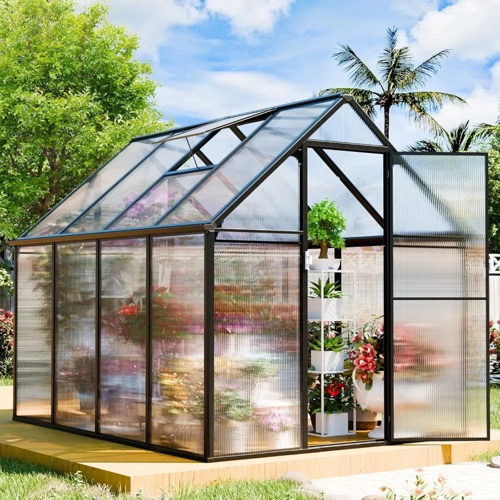 

8x6x6 FT with Windows Door, Black Thick Frame, Outsides Heavy Duty Green House, Walk in Plant Polycarbonate Greenhouse