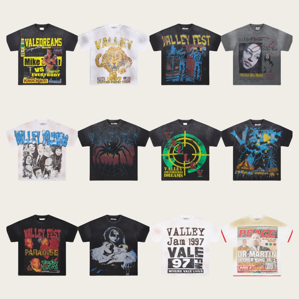 

2025 High Street Retro VALLEY T-shirt High Quality Hip Hop Graphic Tops Tee Washed Black Valley Short Sleeve