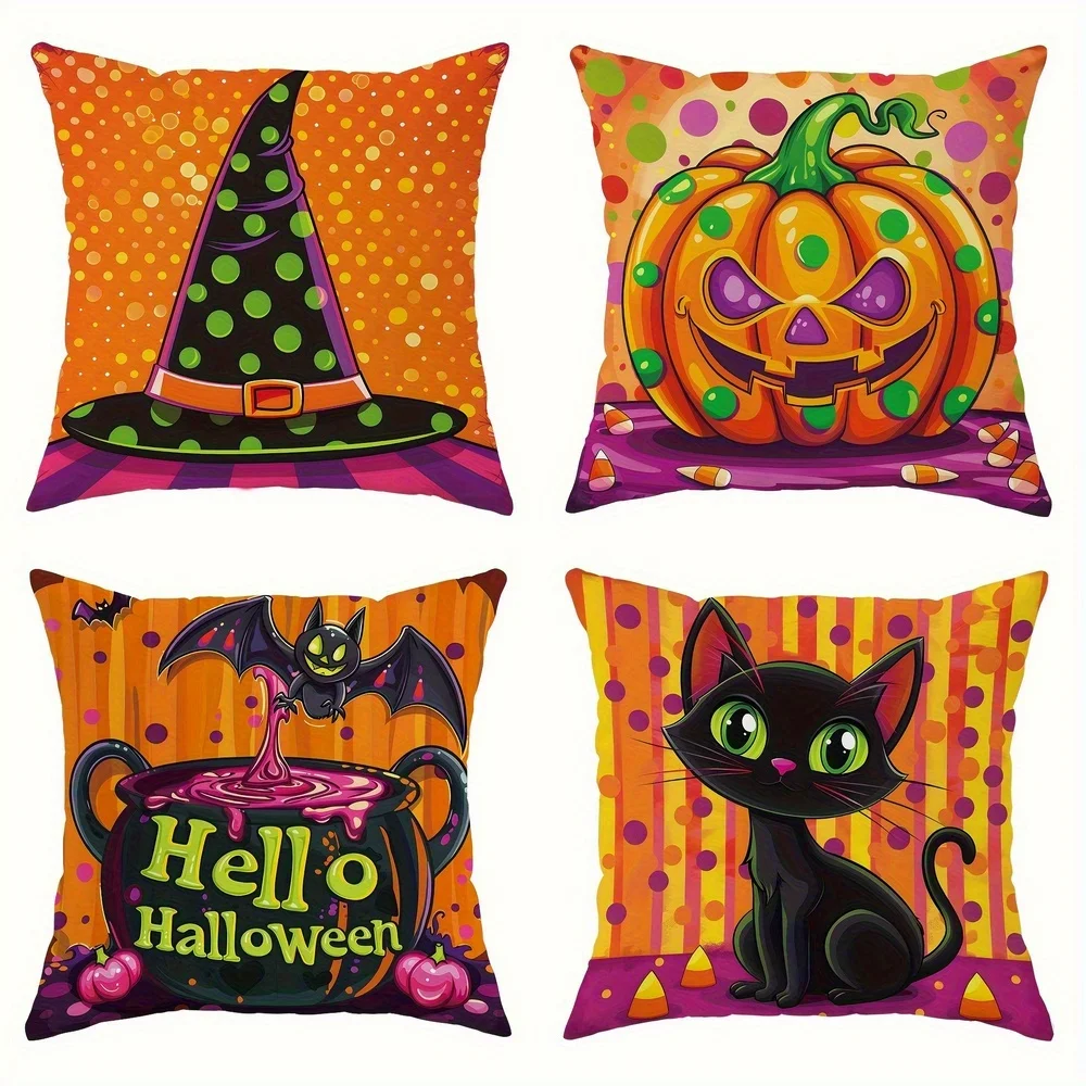 A Set of 4 Vintage Halloween Short Plush Pillowcases, 18x18 Inches- Featuring Spooky Witch Hats, Jack-o'-lanterns