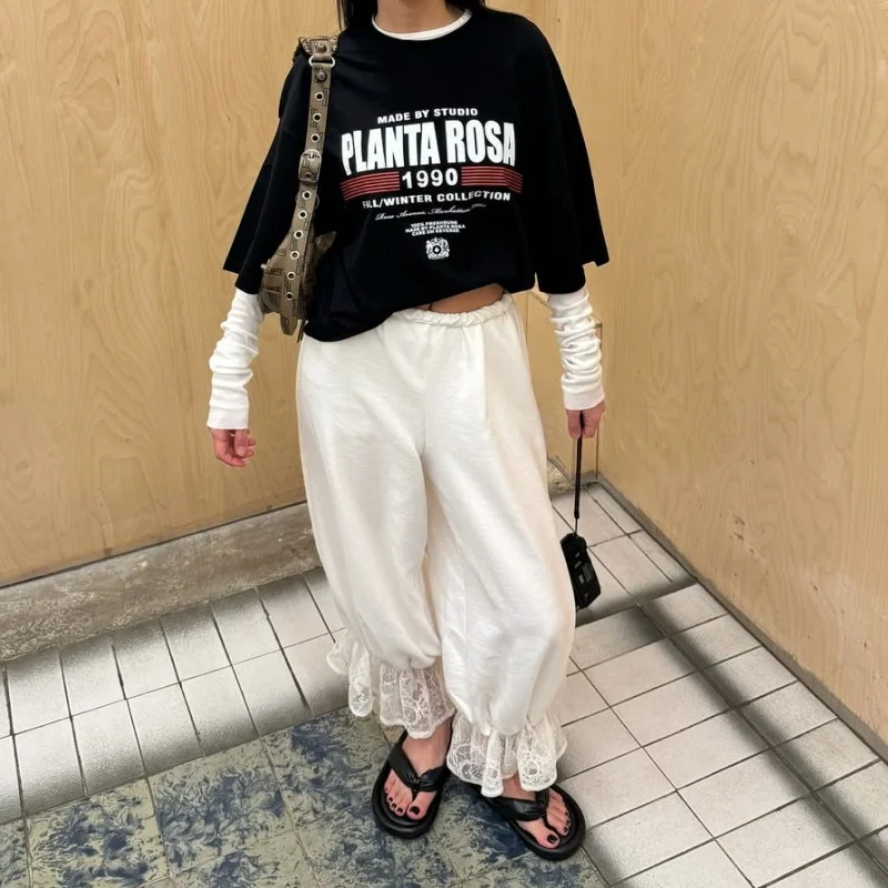 

Женские шикарные винтажные брюки-шаровары с рюшами и цветочным кружевом в стиле пэчворк, свободные укороченные брюки с эластичной резинкой на талии