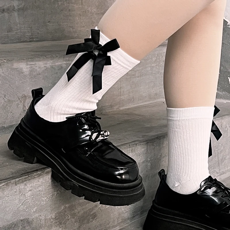 Harajuku Lolita Bow Socks donna Girls Jk Black Bowknot calze femminili calze a tubo lungo Sweet Spring Summer calze Sox