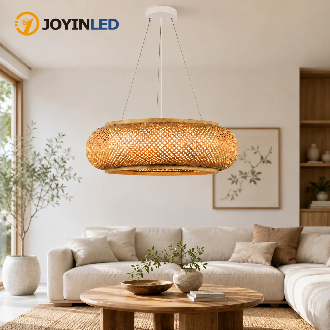 JOYINLED Vintage Bamboo Pendant Light, Handwoven Wicker Chandelier E27 for Dining Room, Rustic Farmhouse Ceiling Lighting 50CM