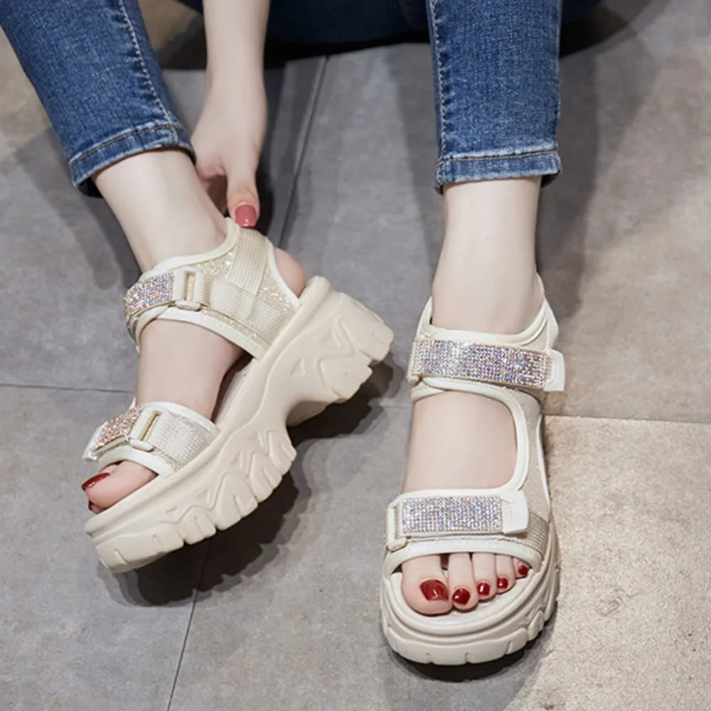 Women\'s Sandals Summer 2024 Causal Platform Peep Toe Soft Fashion Romen Beach Shoes Rhinestone Chunky Heel Beige Sandales Femmes