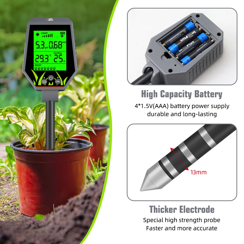 Imagem -05 - Yieryi-testador de Solo de Alta Precisão Medidor de ph 6-em1 Sensor Digital de Umidade da Planta Higrômetro Teste Hidropônico de Nutrientes para Jardinagem