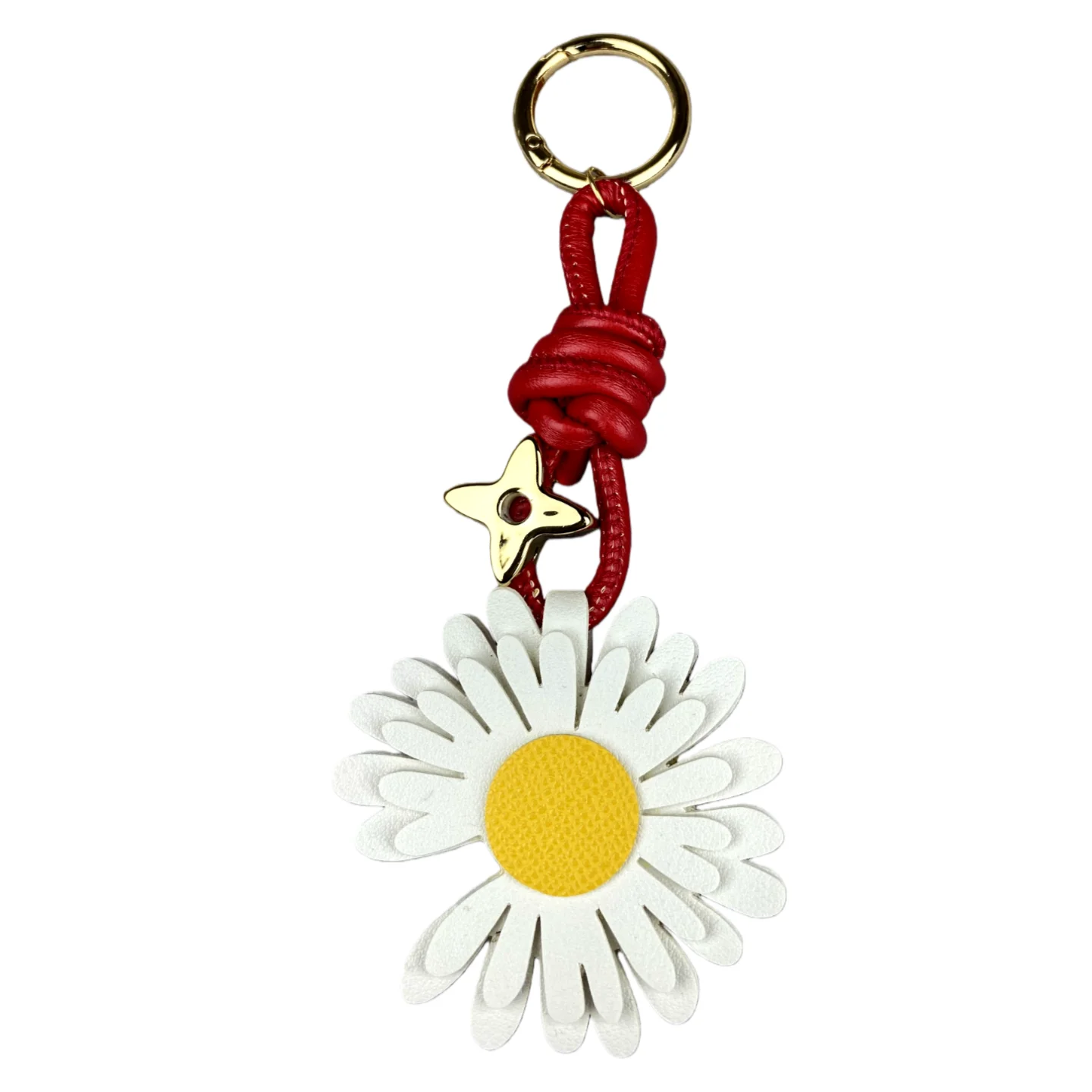 Klassischer Gänseblümchen-Schlüsselanhänger aus PU-Leder – zweifarbiger PU-Gänseblümchen-Charm mit vierblättrigem Kleeblatt-Perle/3,2 cm Metallring für Tasche, Geldbörse, Rucksack – Detail 10