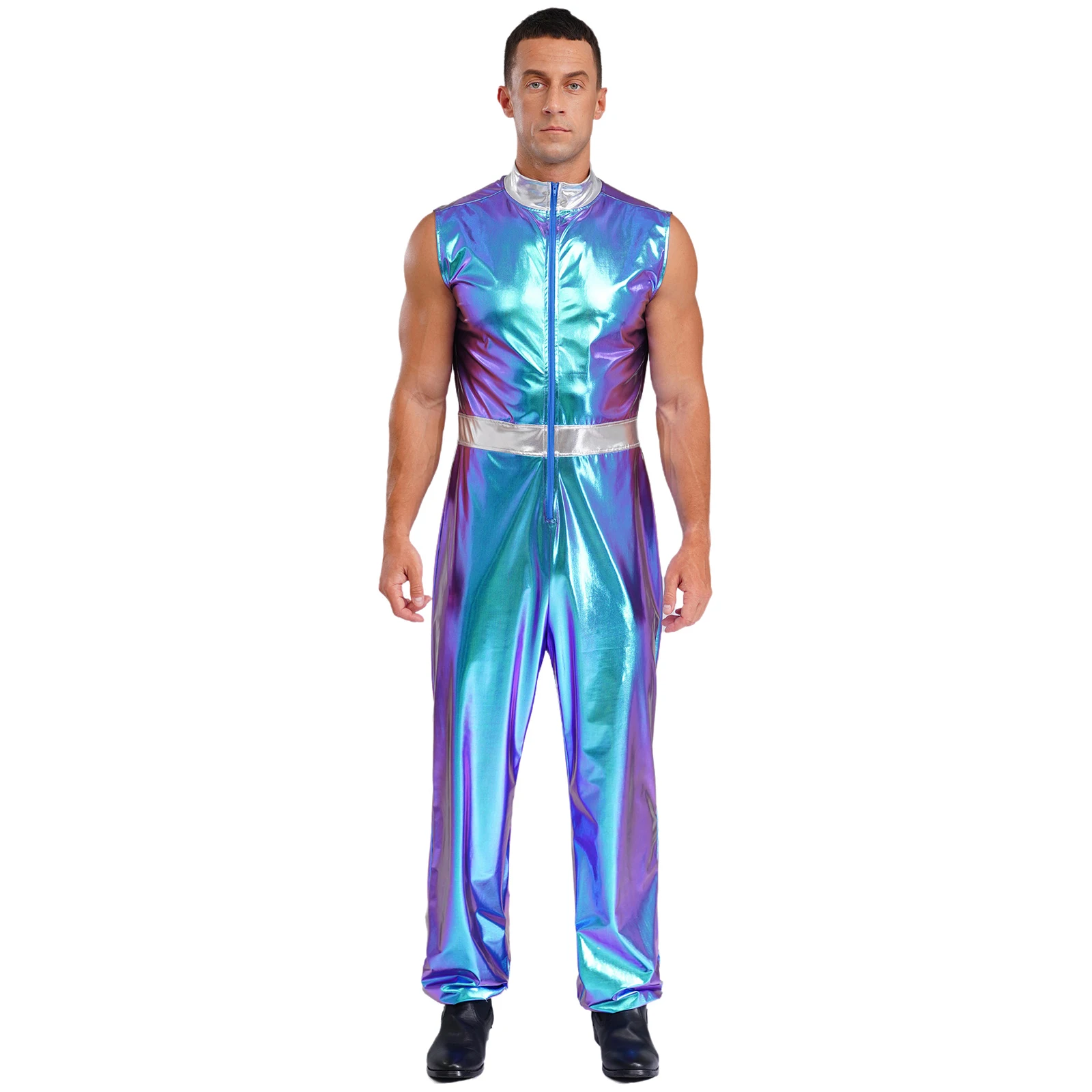 

Men's Halloween Astronaut Outer Space Cosplay Costumes Metallic Sleeveless Jumpsuits for Carnival Party Alien Astronaut Wear