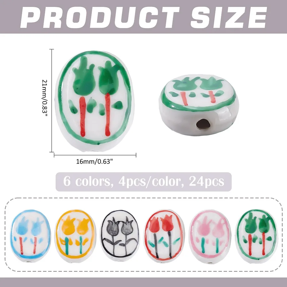 24 Piezas de Cuentas de Porcelana Hechas a Mano en 6 Colores, Cuentas de Cerámica Pintadas a Mano, Ovaladas con Diseño Tulipa Famille Rose, Colores Mezclados, 21x16mm