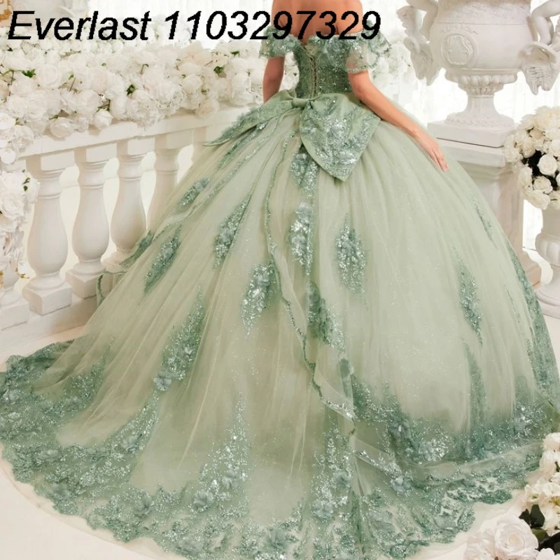 EVLAST Light Sage Green Quinceanera Dress Ball Gown 2024 Off Shoulder Lace Appliques Beading Sweet 16 Vestidos De 15 Años TQD165