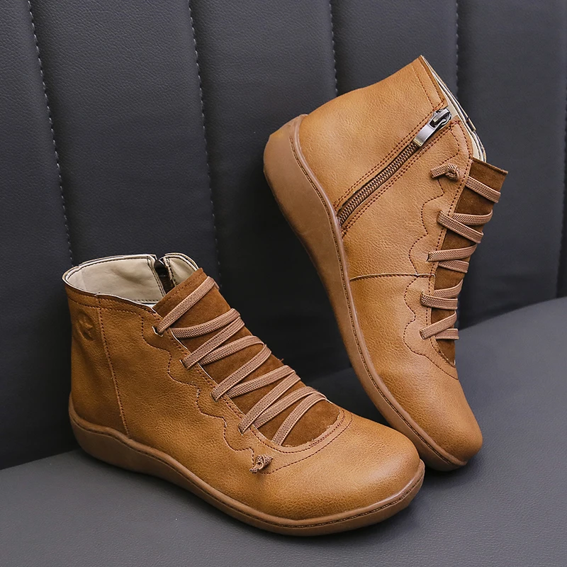 Neue Schneeschuhe Frauen Winter Leder Knöchel Frühling flache Schuhe Frau kurze Vintage Stiefel mit Fell für Frauen schnüren Goth Schuhe