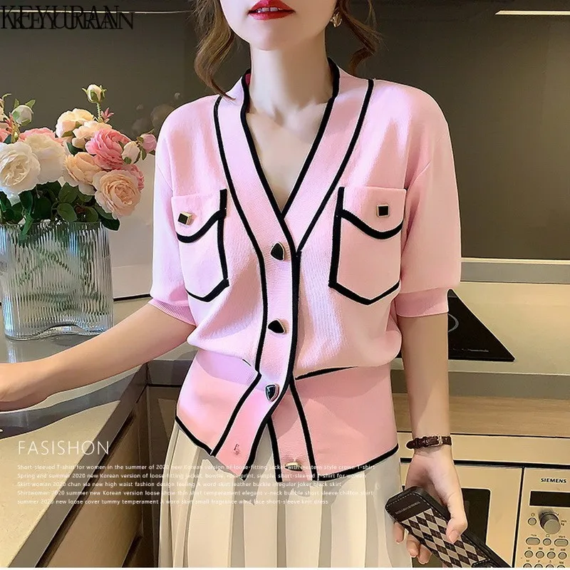 2023 Summer Thin Ice Silk Knitted Cardigan Women\'s Korean Chic V-Neck Single-breasted Short Sleeve Sweater Femme Knitwear Tops