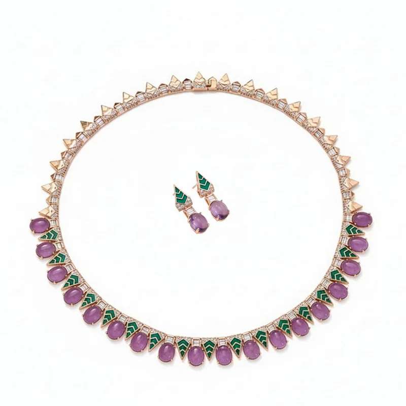 Designer Style Stud Earrings Necklace Women Lady Inlay Cubic Zircon Green Enamel Synthetic Purple Gemstone Party Jewelry Sets