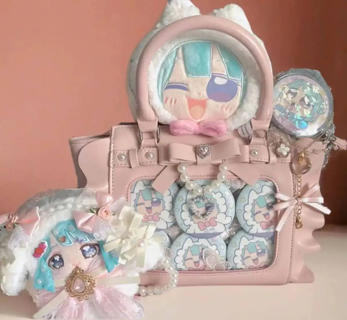 

Bloom Haruku Pink Ita Purse Women Japanese Leather Handle Bow Large Capacity Tote Wallet Ladies Hand Bag Aesthetic