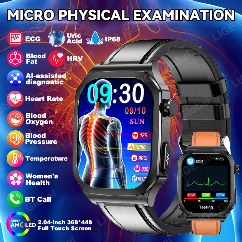 LIGE ECG+PPG Smart Watch Men Women Blood Lipid Uric Acid AI Diagnostic Detector Body Temperature Health Tracker Smartwatch New