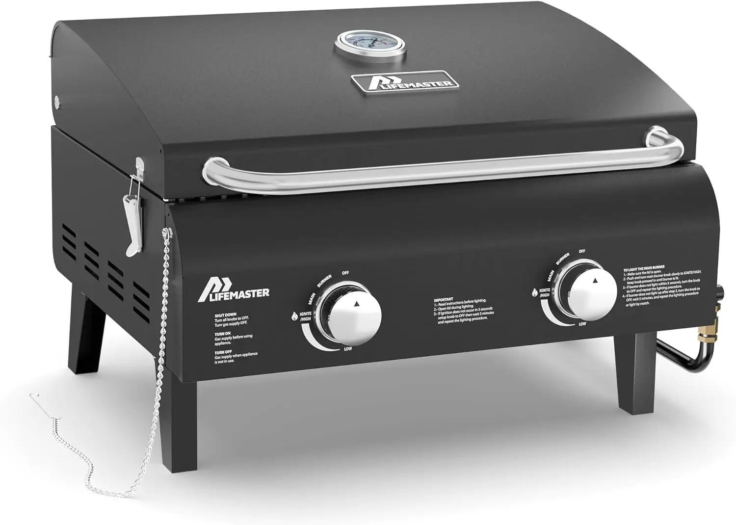 

Black Portable Gas Grill, Dual 10,000 BTU Burners, 275 Sq.In Cooking Space, Push-to-Start Ignition, Wind-Proof Lid with Built-in