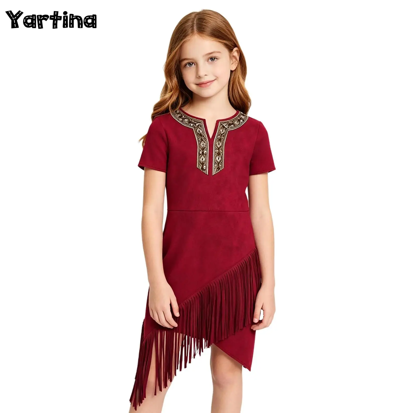 

Girls Indigenous American Indians Dress Native American Costume Short Sleeve Irregular Tassels Hem Dress for Stage Performance