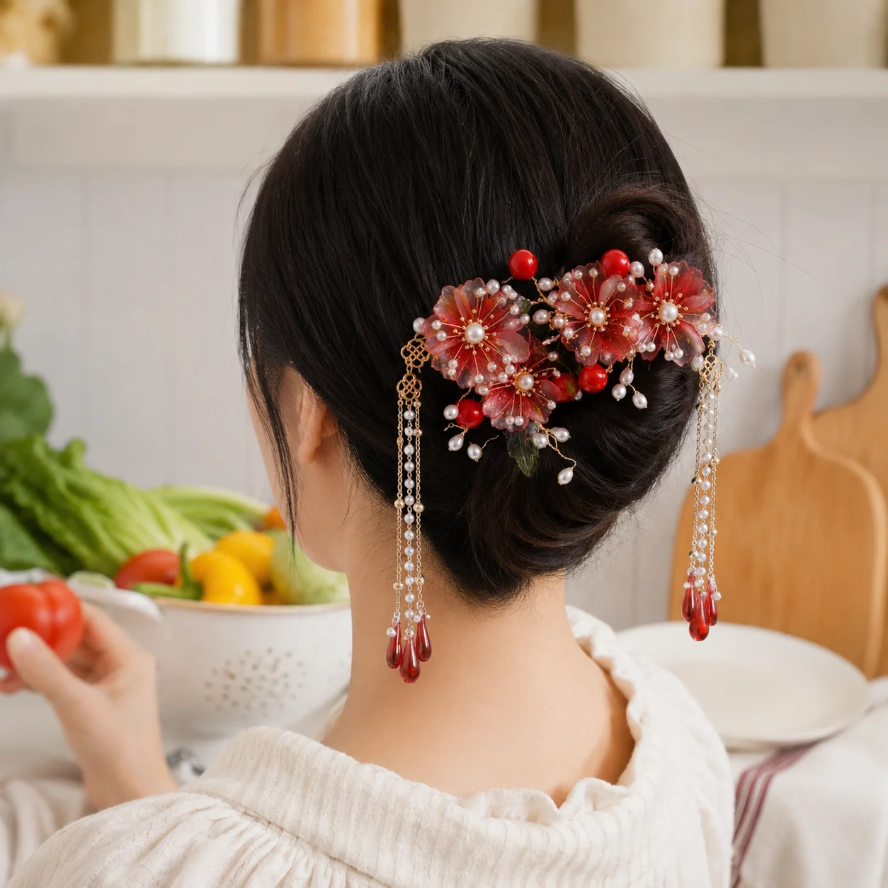 

Red Flower Hairpins Chinese Style Long Tassel Pearl Headpiece for Women Hanfu Dress Daily Wear